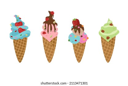 Set of ice cream in waffle cones with a variety of fillings, colored sprinkles, berries, chocolate and nuts. Vector illustration isolated on a white background.