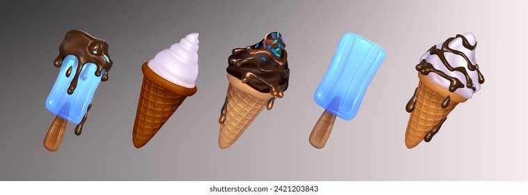 Set of ice cream in waffle cones and stick with chocolate and vanilla. Vector eps 10