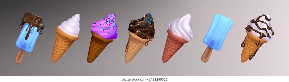 Сolorful set of ice cream in waffle cones and on sticks with chocolate and vanilla. 3d illustration. Vector eps 10