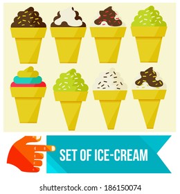 set Ice cream in waffle cup flat vector illustration.  in a waffle cone