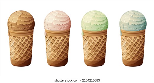 A set of ice cream in a waffle cup with scoops of different flavors. Caramel chocolate, strawberry, pistachio, blue. Vector illustration of summer desserts for banner, poster, sticker