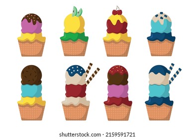 A set of ice cream in a waffle cup with fruits and berries in a flat style. Vector image.