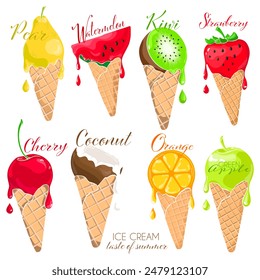 a set of ice cream in a waffle cup with different fruit flavours, set of different colorful ice cream with fruit tasty	
