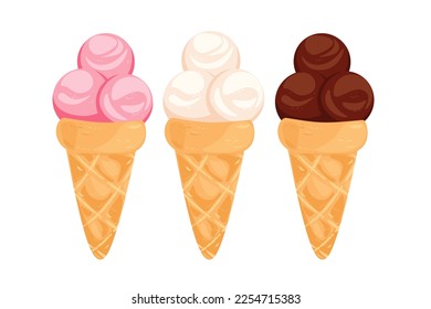 Conjunto de helados en una taza de gofre.Crema de helado rosa,chocolate.blanco.Ilustración vectorial aislada en fondo blanco.