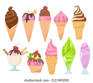 Set of ice cream in waffle and glass cups. Vector illustration. Cartoon style.