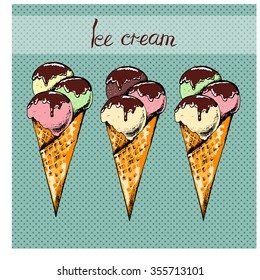 Set with Ice cream in waffle. Hand drawn vector illustration.