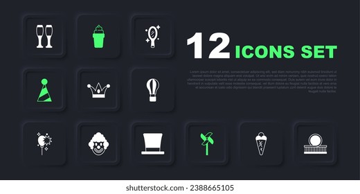 Set Ice cream in waffle, Roller coaster, Jester hat with bells, Pinwheel toy, Party, Clown head,  and Cylinder icon. Vector