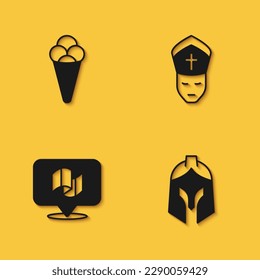 Set Ice cream in waffle, Roman army helmet, Flag Italy and Pope icon with long shadow. Vector