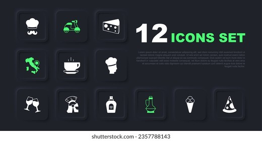 Set Ice cream in waffle, Slice of pizza, Coffee cup, Bottle olive oil, Map Italy, Roman army helmet, Scooter and Perfume icon. Vector