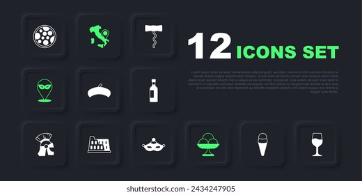 Set Ice cream in waffle, Wine glass, French beret, the bowl, Carnival mask, Coliseum, Map of Italy and  icon. Vector