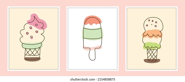Set of ice cream wall art print line drawing digital poster illustration.