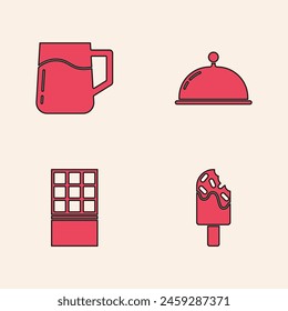 Set Ice cream, Wooden beer mug, Covered with tray and Chocolate bar icon. Vector