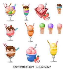 Set of ice cream wtih cartoon style. Isolated on white background. Chocolate, banana, strawberry, vanilla. Cone, cup, stick.