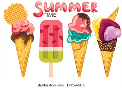 Set of ice cream wtih drops in cartoon style. Isolated on white background. Chocolate, waffle, Watermelon, banana, strawberry, vanilla. Cone, cup, stick. Summer time - lettering