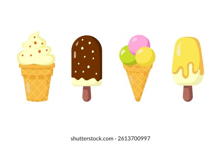 Set of ice cream. Yummy street food. Vector illustration on white background.