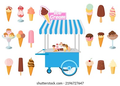 A set of ice cream.Different types of ice cream and a wheelbarrow for storing ice cream.Vector illustration.