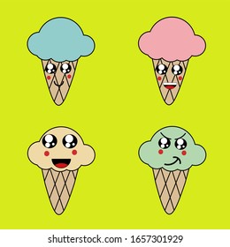 Set of ice creams character on yellow background 