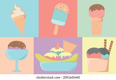 Set of ice creams. collection isolated ice-cream cones and popsicle with different topping.Vector illustration for web,design, print.