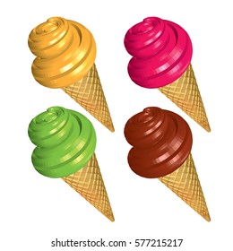 Set of Ice Creams in Cone isolated on White Background. Caramel Strawberry Mint and Chocolate Ice Creams in Waffles. 3d Realistic Vector Illustration.