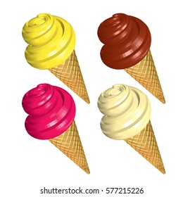 Set of Ice Creams in Cone isolated on White Background. Banana Chocolate Strawberry and Creamy Ice Creams in Waffles. 3d Realistic Vector Illustration.
