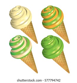 Set of Ice Creams in Cone isolated on White Background. Creamy Pistachio and Caramel Ice Creams in Waffles. 3d Realistic Vector Illustration.