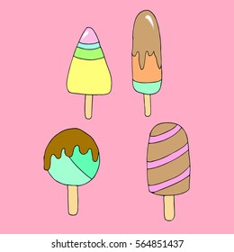 Set of ice creams.Ice cream vector illustration isolated. restaurant menu design element. Printing, drink, icon, logo, poster, postcard, art, object. Appetizing food image. Eps10. Doodle's Style.