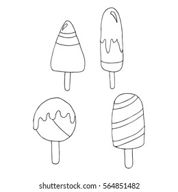 Set of ice creams.Ice cream vector illustration isolated. restaurant menu design element. Printing, drink, icon, logo, poster, postcard, art, object, dinner. Appetizing food image. Eps10. Doodle style
