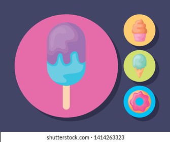set of ice creams with cupcake and donut