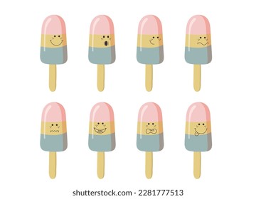 Set of ice creams with different emotions. Ice cream face. Stickers set. Bright decorative set of design elements. All objects are separated. Drawn by hand. Vector illustration.