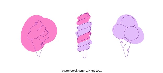 A set of ice creams of different shapes in pink and purple colors. Cartoon style vector illustration. Hand drawn doodle style.
