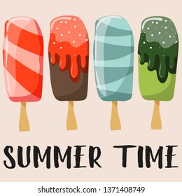 Set of ice creams different in taste and shape. Tasty frozen icecream collection. Food concept. Fresh delicious dessert. Vector colorful illustration for cafe menu, invitations, summer prints etc.