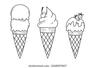 Set of ice creams in doodle style. Vector illustration. Linear style. Ice cream in a waffle cone with tubers.