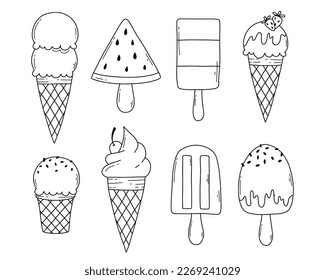 Set of ice creams in doodle style. Vector illustration. Linear style. Ice cream in a waffle cone with tubers.