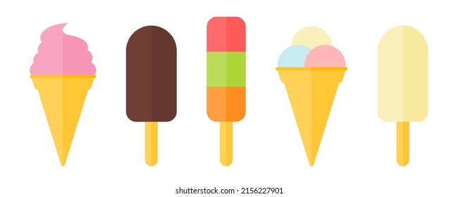 Set with ice creams flat icons. Sweet tasty summer dessert. Frozen juice. Vector 10 EPS.