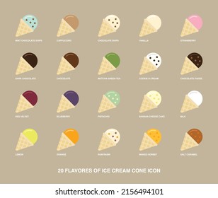 Set of ice cream's flavors and cone vector icon template..