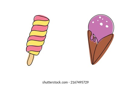Set of ice creams hand draw illustration with color. Vector minimalism