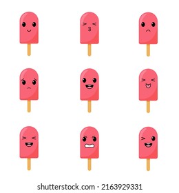 Set of ice creams with kawaii emotions. Flat design vector illustration