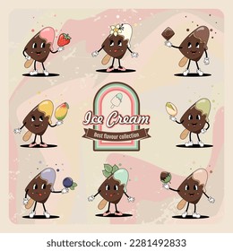 A set of ice creams on a stick with popular flavors. Cute cartoon character from the 60s, 70s. Retro style.