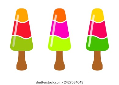 Set of ice creams on a stick. Gelato with different tastes. Vector illustration.