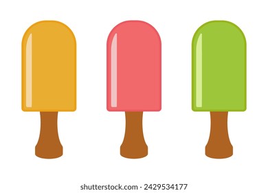 Juego de helados en un palo. Gelato con diferentes sabores. Ilustración vectorial.