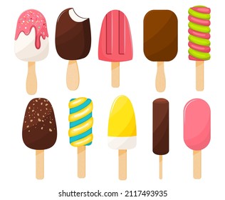 Set of ice creams on a stick.Vector illustration. Cartoon style.