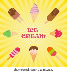 Set of ice creams on a yellow background of lines, summer.Vector, illustration