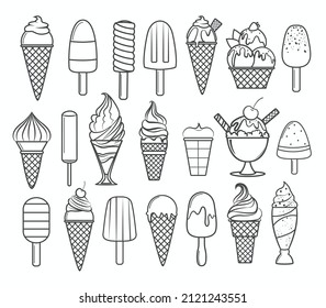 Set of ice creams outline for coloring book.Line art design for kids coloring page. Vector illustration. Isolated on white background