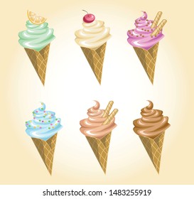 A set of ice creams pink, green, blue, chocolate, brown and vanilla color with cherry, orange and topping.
