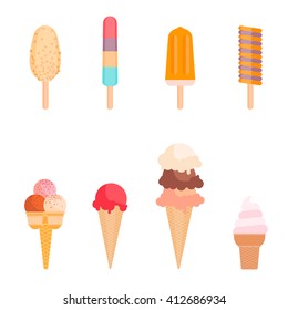 Set of ice creams and popsicles icons. Collection cartoon ice cream food. Vector art illustration cream cone isolated on white eps10