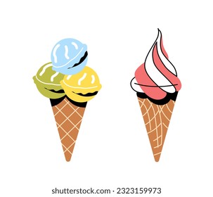 Set of Ice creams sticker. Frozen dessert and delicacy. Summer season and hot weather. Template, layout and mock up. Cartoon flat vector collection isolated on white background