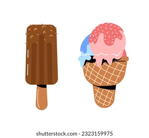 Set of Ice creams sticker. Frozen dessert and delicacy, gourmet. Waffer cone with balls. Poster or banner for website. Cartoon flat vector collection isolated on white background