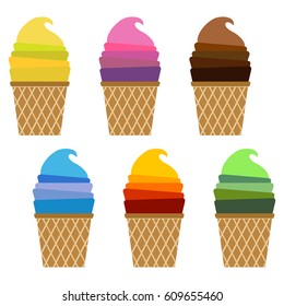 Set of ice creams. Waffle cups with ice creams. Vector illustration.