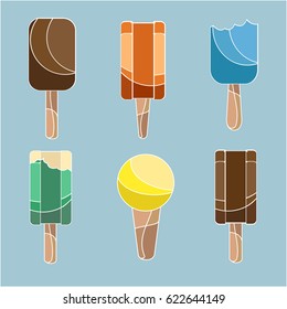 Set of ice creams with white outline isolated on blue background