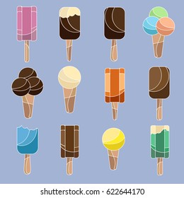 Set of ice creams with white outline isolated on light purple background